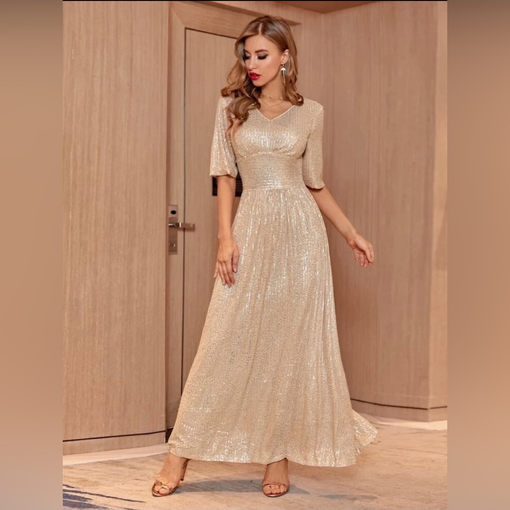 Shein Tiered A-Line Sequin V-Neck Maxi Dress size 4